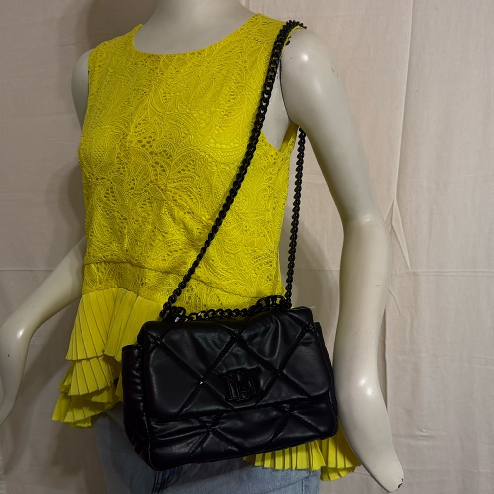 Badgley Mischka Black Quilted Vegan Leather chain straps